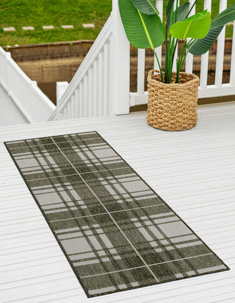 Green 2' x 6' 1 Outdoor Checkered Runner Area Rug Weather Resistant for Patio, Deck, Terrace, Balcony, Porch 100% Polypropylene Geometric Carpet for Sale at Rug Engine
