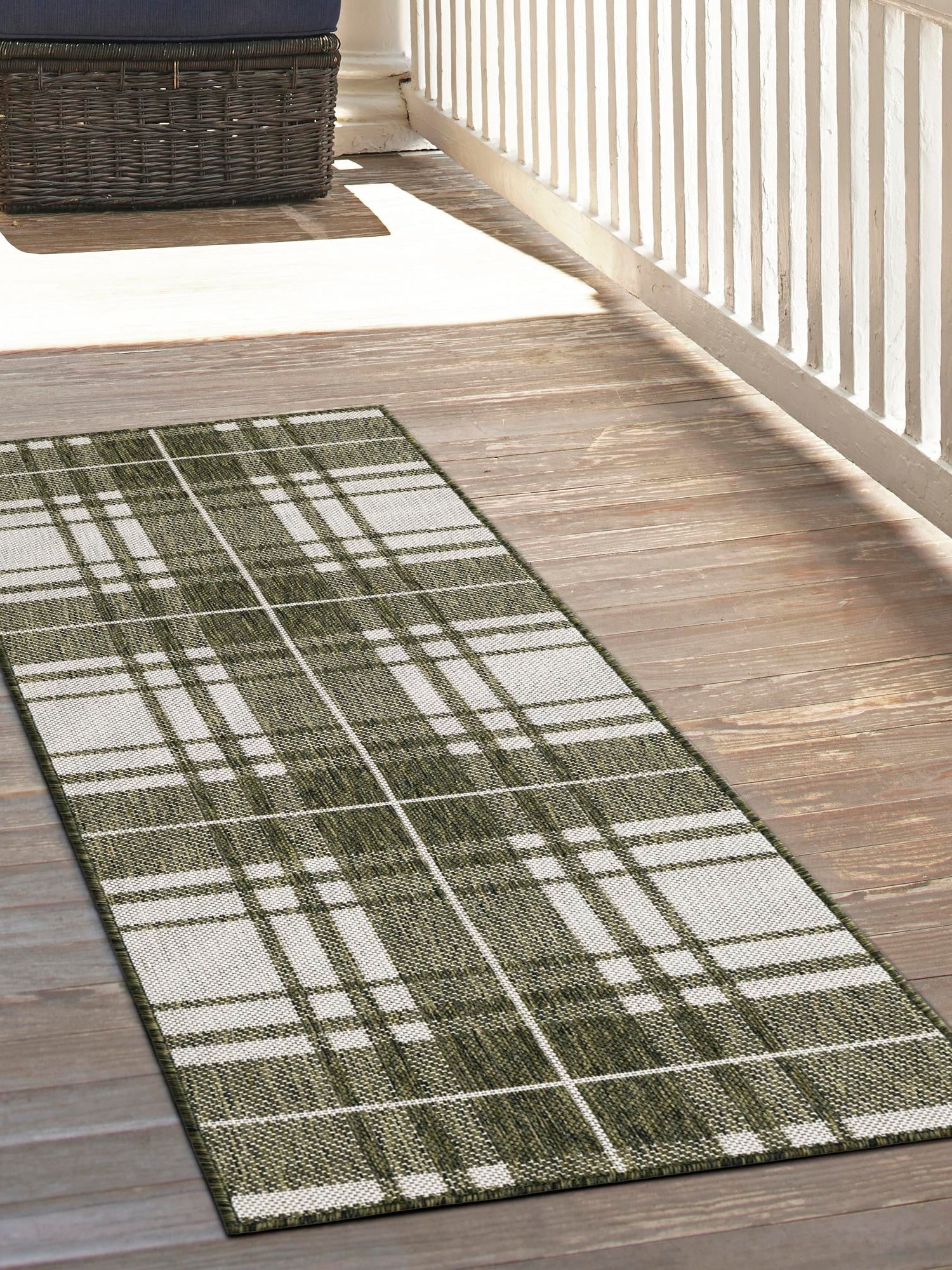 Green 2' x 6' 1 Outdoor Checkered Runner Area Rug Weather Resistant for Patio, Deck, Terrace, Balcony, Porch 100% Polypropylene Geometric Carpet for Sale at Rug Engine
