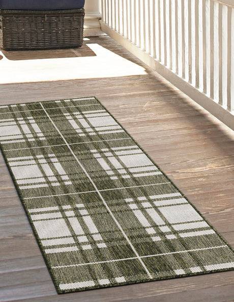 Green 2' x 6' 1 Outdoor Checkered Runner Area Rug Weather Resistant for Patio, Deck, Terrace, Balcony, Porch 100% Polypropylene Geometric Carpet for Sale at Rug Engine