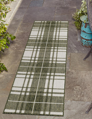 Green 2' x 6' 1 Outdoor Checkered Runner Area Rug Weather Resistant for Patio, Deck, Terrace, Balcony, Porch 100% Polypropylene Geometric Carpet for Sale at Rug Engine