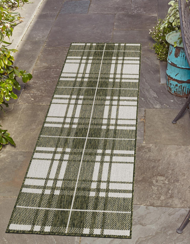 Green 2' x 6' 1 Outdoor Checkered Runner Area Rug Weather Resistant for Patio, Deck, Terrace, Balcony, Porch 100% Polypropylene Geometric Carpet for Sale at Rug Engine