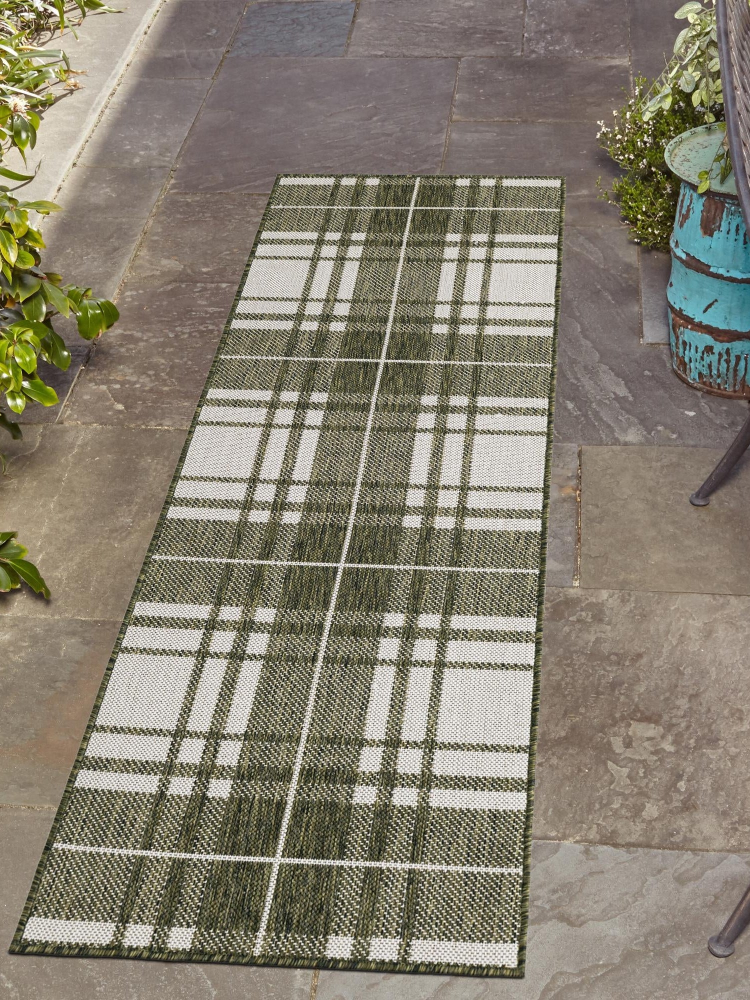 Green 2' x 8' Outdoor Checkered Runner Area Rug Weather Resistant for Patio, Deck, Terrace, Balcony, Porch 100% Polypropylene Geometric Carpet for Sale at Rug Engine
