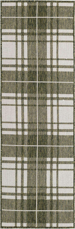 Green 2' x 6' 1 Outdoor Checkered Runner Area Rug Weather Resistant for Patio, Deck, Terrace, Balcony, Porch 100% Polypropylene Geometric Carpet for Sale at Rug Engine