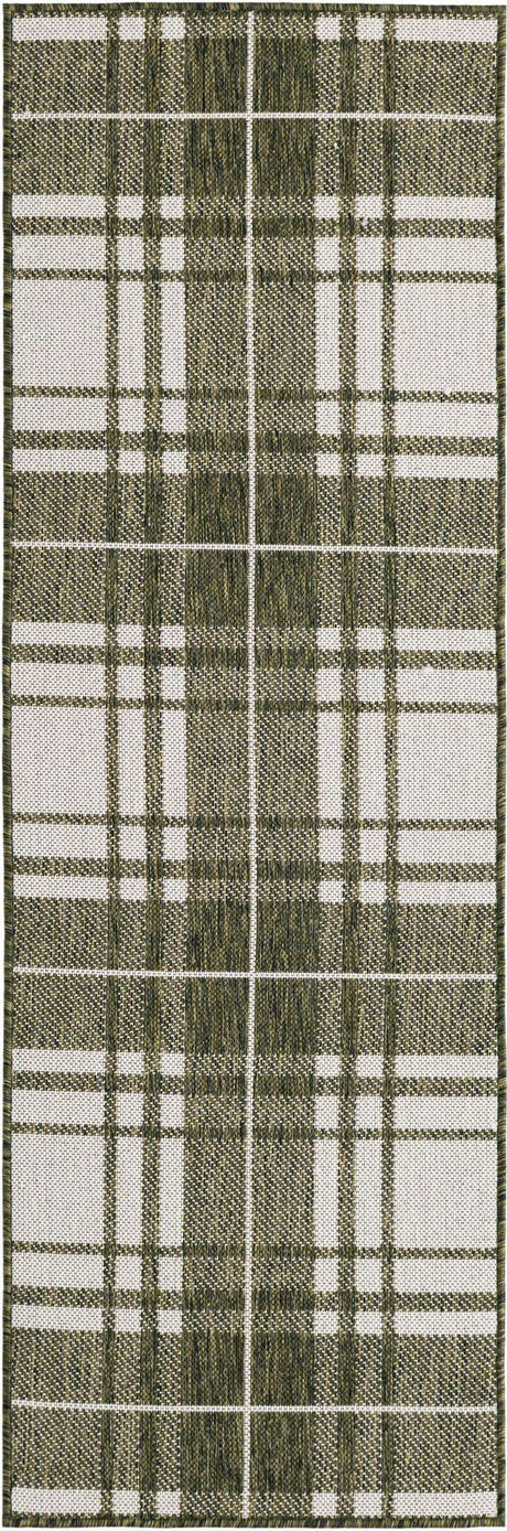 Green 2' x 6' 1 Outdoor Checkered Runner Area Rug Weather Resistant for Patio, Deck, Terrace, Balcony, Porch 100% Polypropylene Geometric Carpet for Sale at Rug Engine