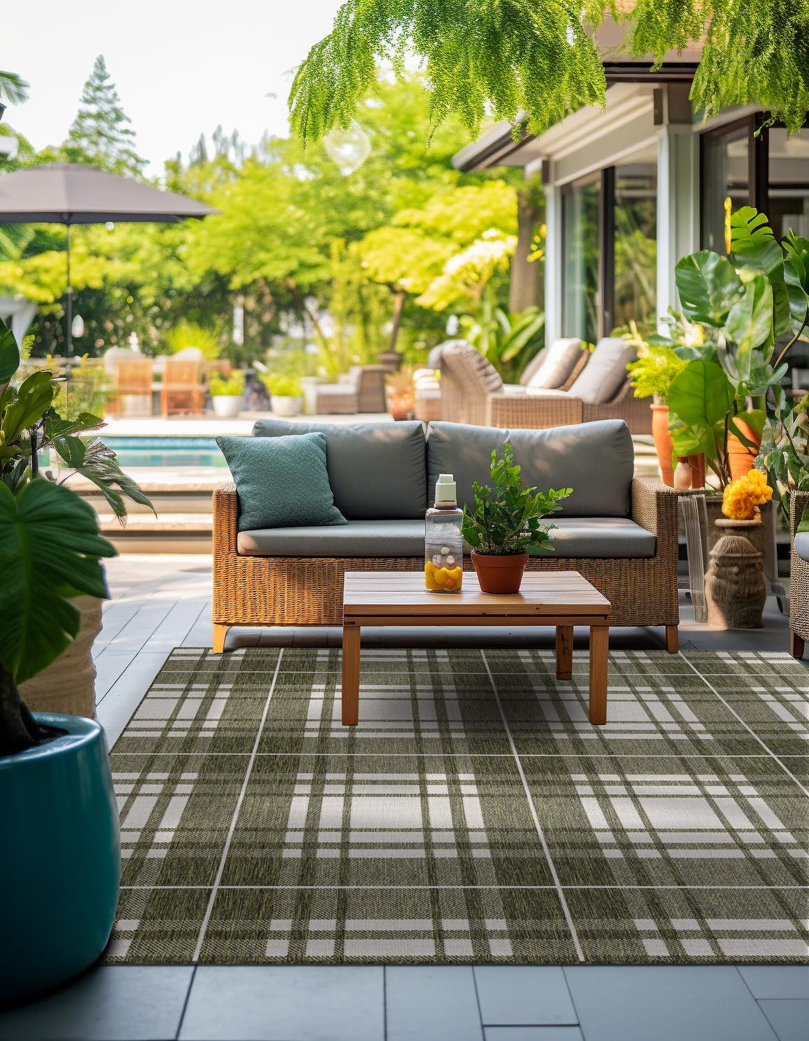 Green 7' 10 x 7' 10 Outdoor Checkered Square Area Rug Weather Resistant for Patio, Deck, Terrace, Balcony, Porch 100% Polypropylene Geometric Carpet for Sale at Rug Engine