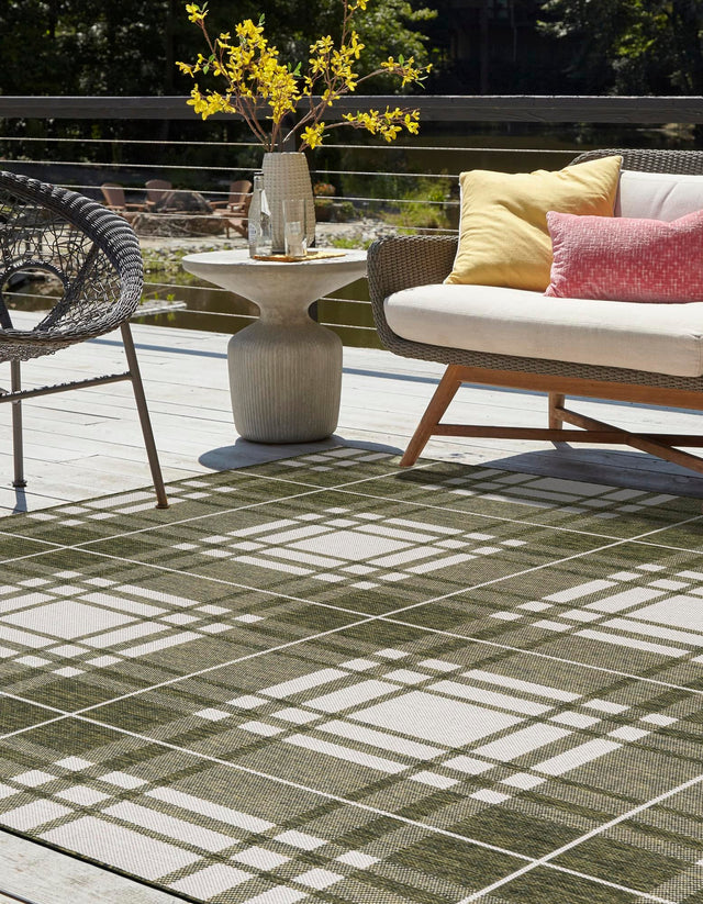 Green 10' x 10' Outdoor Checkered Square Area Rug Weather Resistant for Patio, Deck, Terrace, Balcony, Porch 100% Polypropylene Geometric Carpet for Sale at Rug Engine