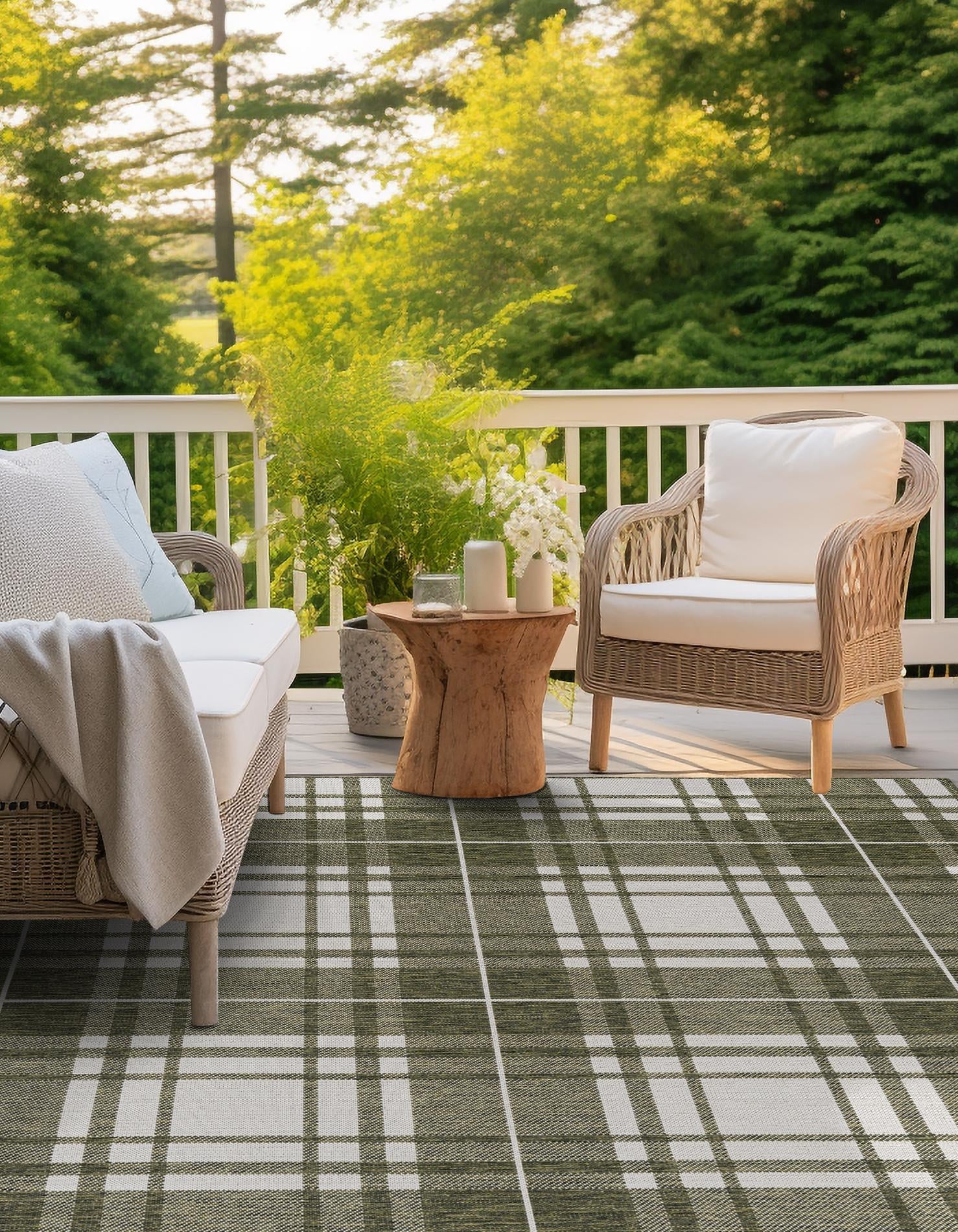 Green 10' x 10' Outdoor Checkered Square Area Rug Weather Resistant for Patio, Deck, Terrace, Balcony, Porch 100% Polypropylene Geometric Carpet for Sale at Rug Engine