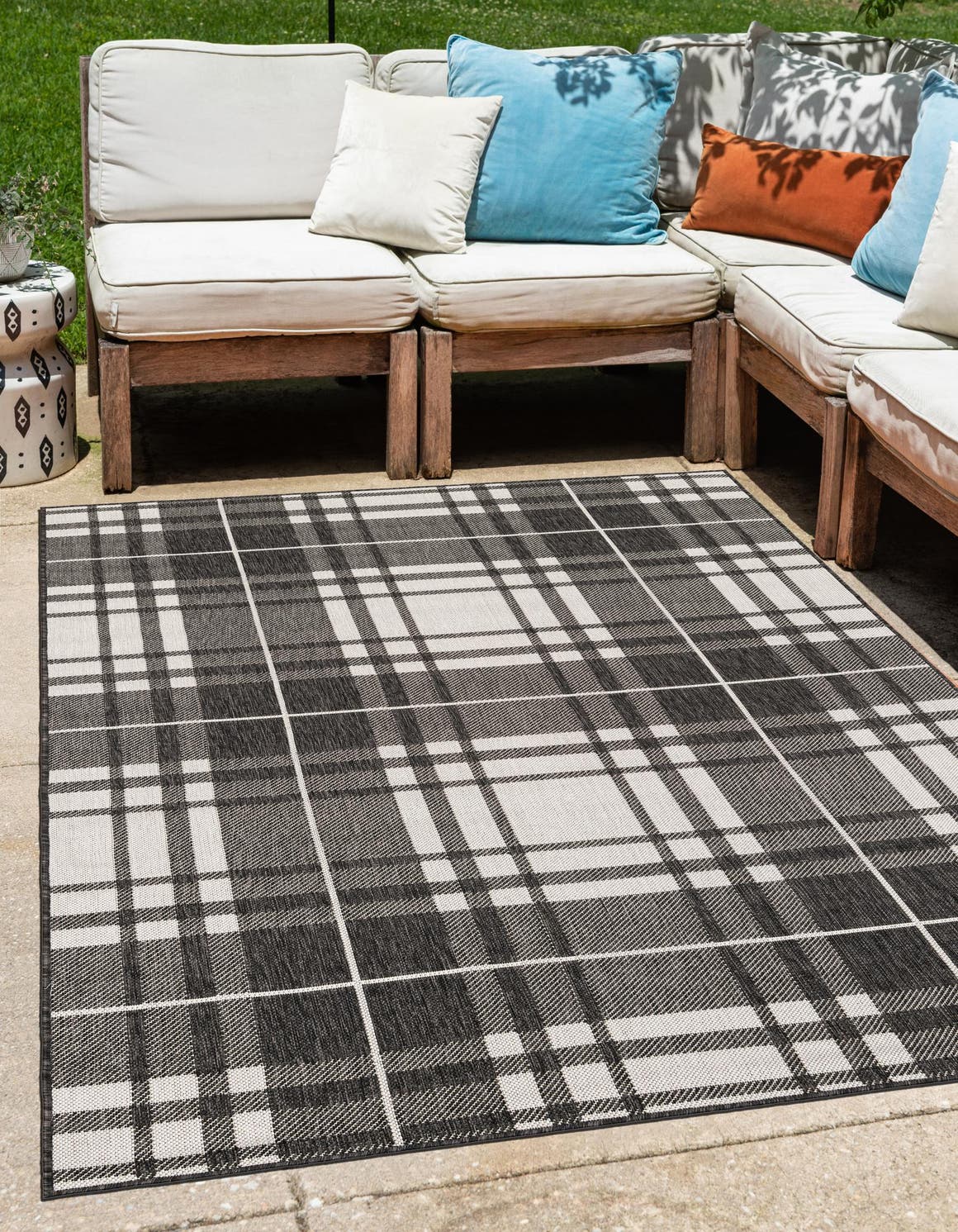 Black and White 7' 10 x 10' Outdoor Checkered Rectangle Area Rug Weather Resistant for Patio, Deck, Terrace, Balcony, Porch 100% Polypropylene Geometric Carpet for Sale at Rug Engine