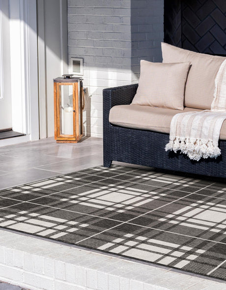 Black and White 7' 10 x 10' Outdoor Checkered Rectangle Area Rug Weather Resistant for Patio, Deck, Terrace, Balcony, Porch 100% Polypropylene Geometric Carpet for Sale at Rug Engine