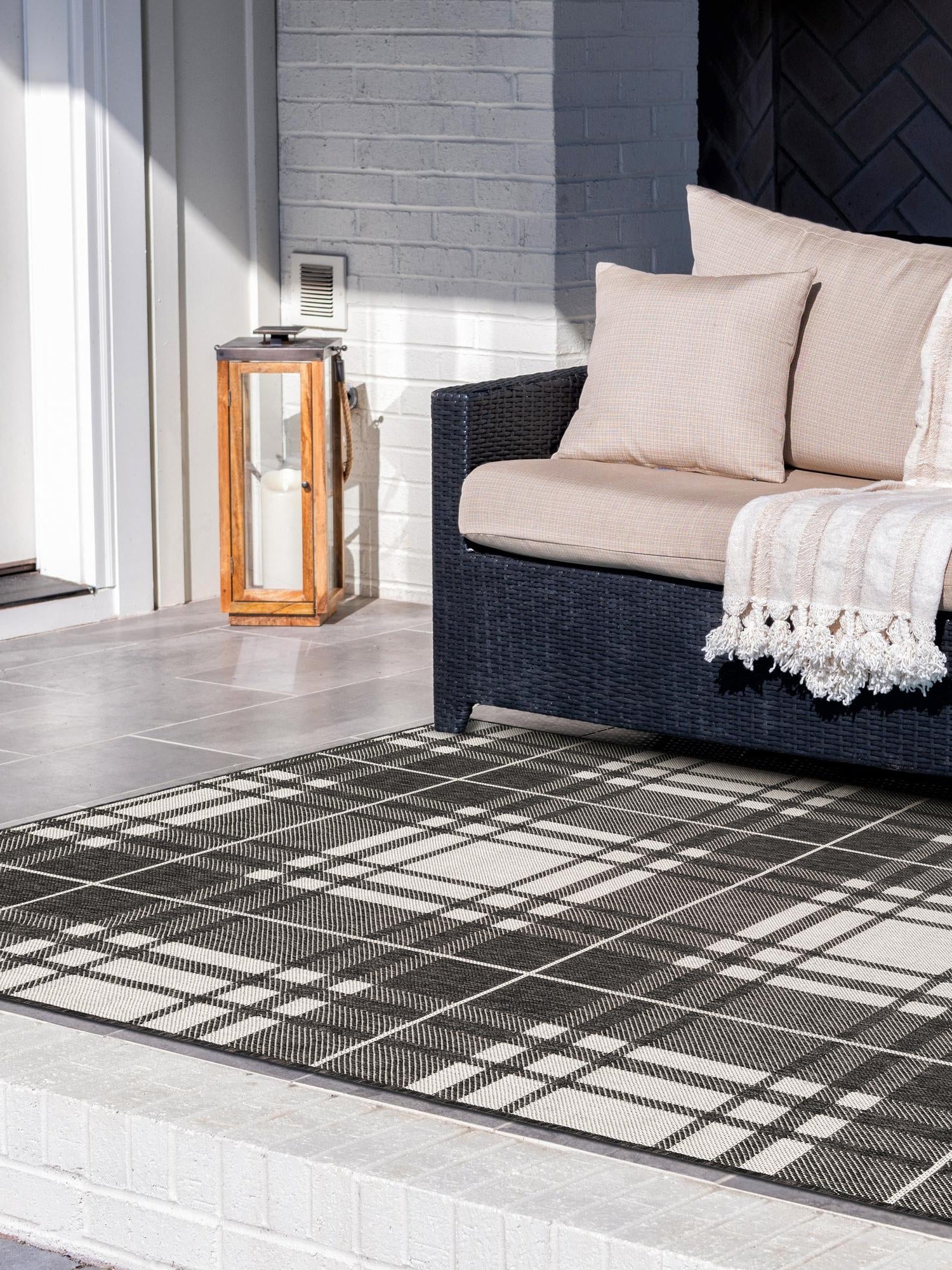 Black and White 2' x 3' 1 Outdoor Checkered Rectangle Area Rug Weather Resistant for Patio, Deck, Terrace, Balcony, Porch 100% Polypropylene Geometric Carpet for Sale at Rug Engine