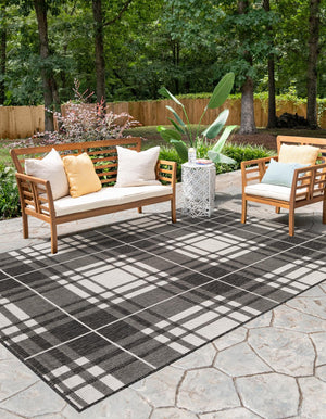 Black and White 7' 10 x 10' Outdoor Checkered Rectangle Area Rug Weather Resistant for Patio, Deck, Terrace, Balcony, Porch 100% Polypropylene Geometric Carpet for Sale at Rug Engine