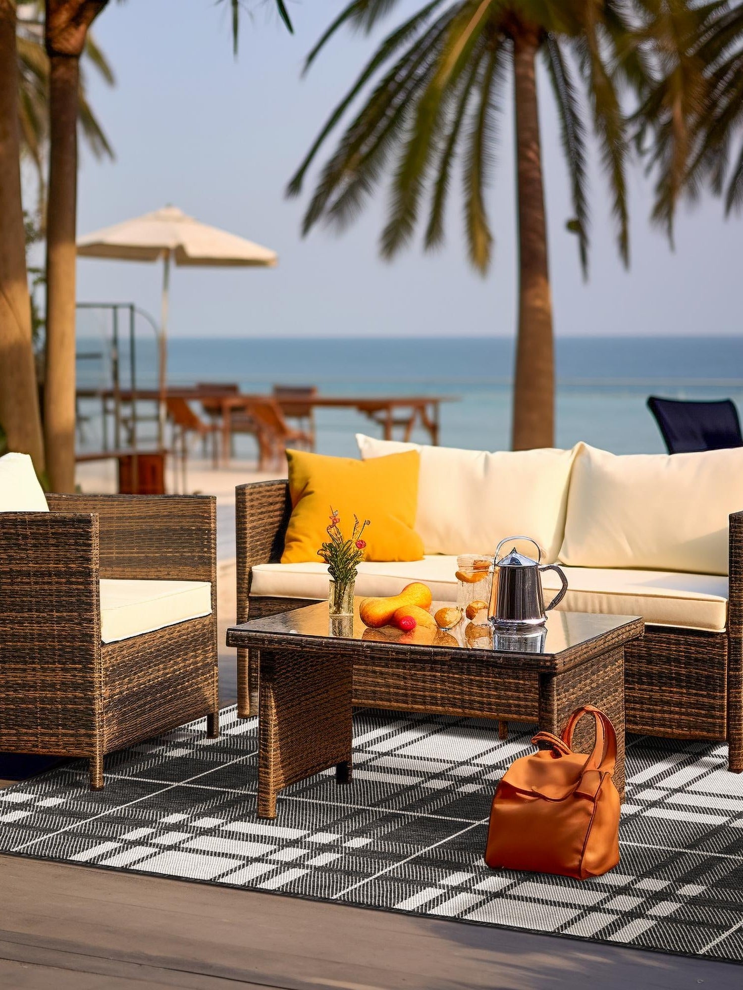 Black and White 7' 10 x 10' Outdoor Checkered Rectangle Area Rug Weather Resistant for Patio, Deck, Terrace, Balcony, Porch 100% Polypropylene Geometric Carpet for Sale at Rug Engine