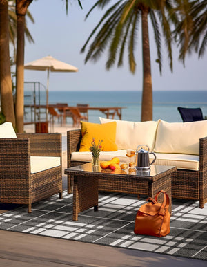 Black and White 7' 10 x 10' Outdoor Checkered Rectangle Area Rug Weather Resistant for Patio, Deck, Terrace, Balcony, Porch 100% Polypropylene Geometric Carpet for Sale at Rug Engine