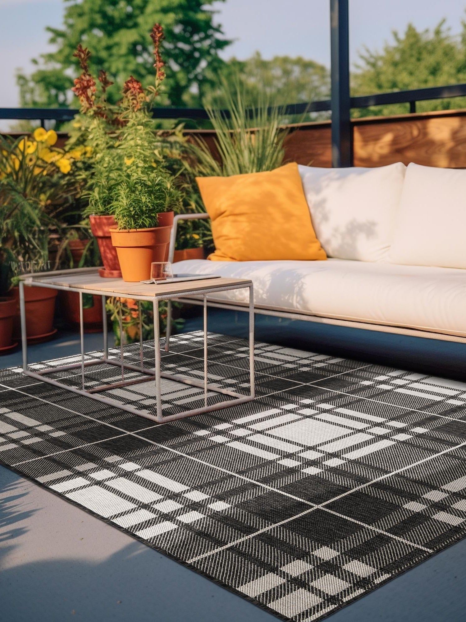 Black and White 7' 10 x 10' Outdoor Checkered Rectangle Area Rug Weather Resistant for Patio, Deck, Terrace, Balcony, Porch 100% Polypropylene Geometric Carpet for Sale at Rug Engine