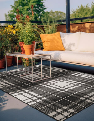 Black and White 7' 10 x 10' Outdoor Checkered Rectangle Area Rug Weather Resistant for Patio, Deck, Terrace, Balcony, Porch 100% Polypropylene Geometric Carpet for Sale at Rug Engine