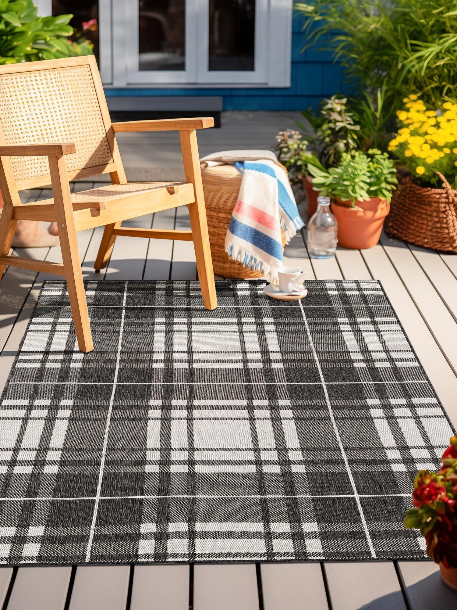 Black and White 7' 10 x 10' Outdoor Checkered Rectangle Area Rug Weather Resistant for Patio, Deck, Terrace, Balcony, Porch 100% Polypropylene Geometric Carpet for Sale at Rug Engine