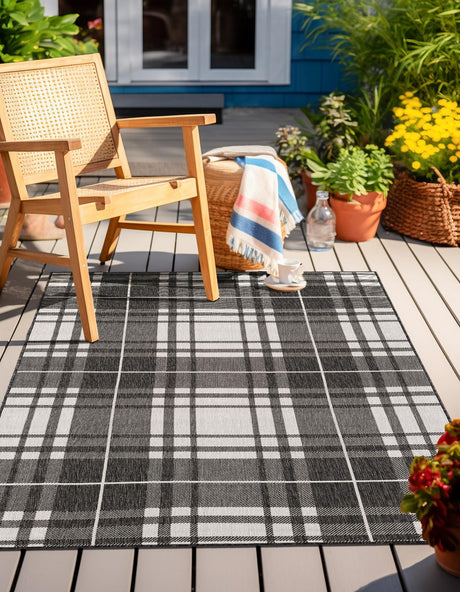 Black and White 7' 10 x 10' Outdoor Checkered Rectangle Area Rug Weather Resistant for Patio, Deck, Terrace, Balcony, Porch 100% Polypropylene Geometric Carpet for Sale at Rug Engine