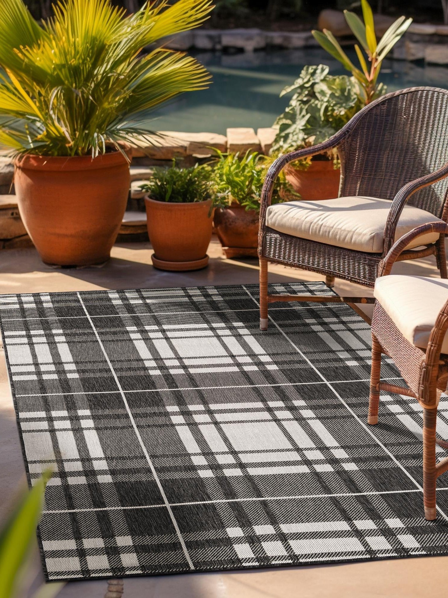 Black and White 7' 10 x 10' Outdoor Checkered Rectangle Area Rug Weather Resistant for Patio, Deck, Terrace, Balcony, Porch 100% Polypropylene Geometric Carpet for Sale at Rug Engine