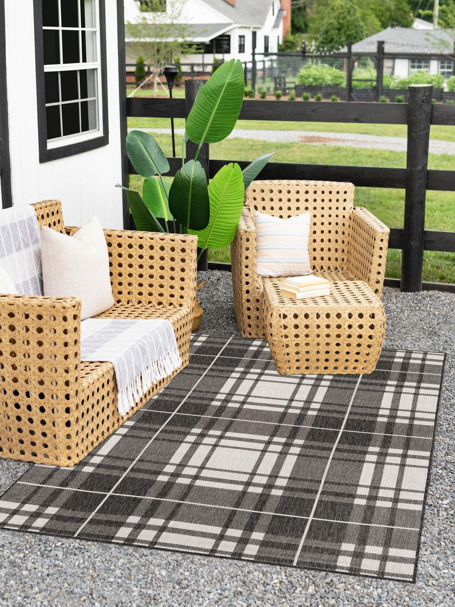 Black and White 9' x 12' Outdoor Checkered Rectangle Area Rug Weather Resistant for Patio, Deck, Terrace, Balcony, Porch 100% Polypropylene Geometric Carpet for Sale at Rug Engine