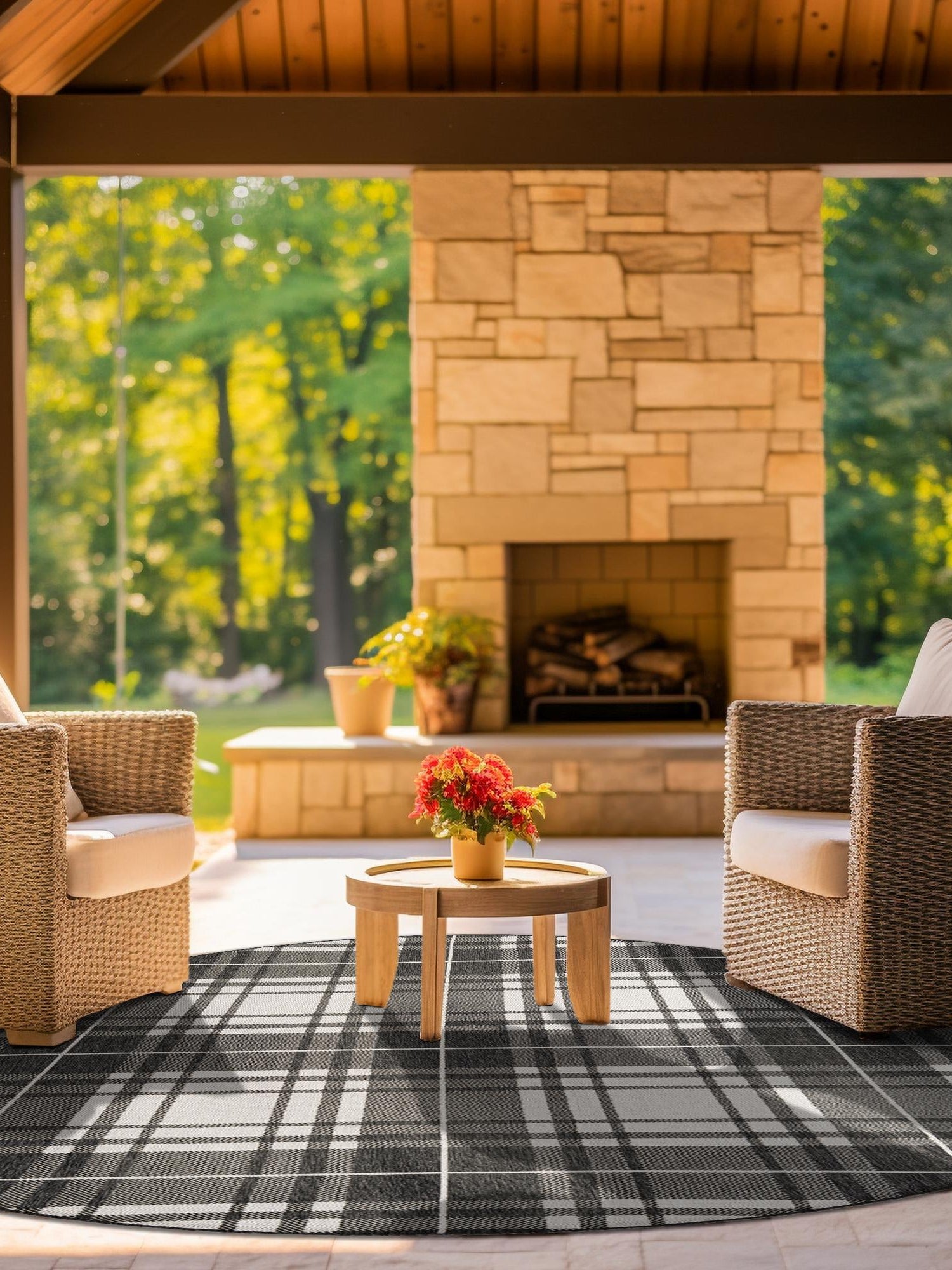 Black and White 7' 10 x 7' 10 Outdoor Checkered Round Area Rug Weather Resistant for Patio, Deck, Terrace, Balcony, Porch 100% Polypropylene Geometric Carpet for Sale at Rug Engine