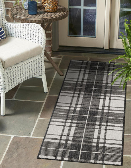 Black and White 2' x 6' 1 Outdoor Checkered Runner Area Rug Weather Resistant for Patio, Deck, Terrace, Balcony, Porch 100% Polypropylene Geometric Carpet for Sale at Rug Engine