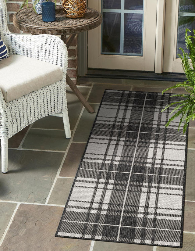 Black and White 2' x 6' 1 Outdoor Checkered Runner Area Rug Weather Resistant for Patio, Deck, Terrace, Balcony, Porch 100% Polypropylene Geometric Carpet for Sale at Rug Engine
