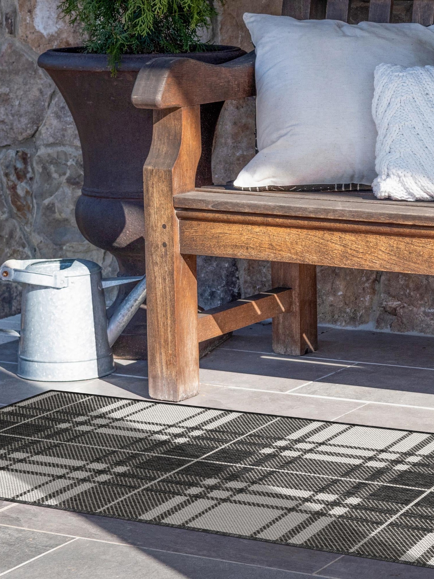 Black and White 2' x 5' 3 Outdoor Checkered Runner Area Rug Weather Resistant for Patio, Deck, Terrace, Balcony, Porch 100% Polypropylene Geometric Carpet for Sale at Rug Engine