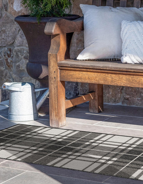 Black and White 2' x 8' Outdoor Checkered Runner Area Rug Weather Resistant for Patio, Deck, Terrace, Balcony, Porch 100% Polypropylene Geometric Carpet for Sale at Rug Engine