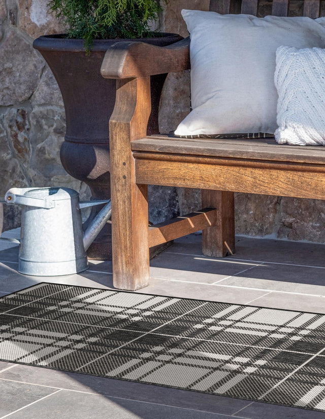 Black and White 2' x 8' Outdoor Checkered Runner Area Rug Weather Resistant for Patio, Deck, Terrace, Balcony, Porch 100% Polypropylene Geometric Carpet for Sale at Rug Engine