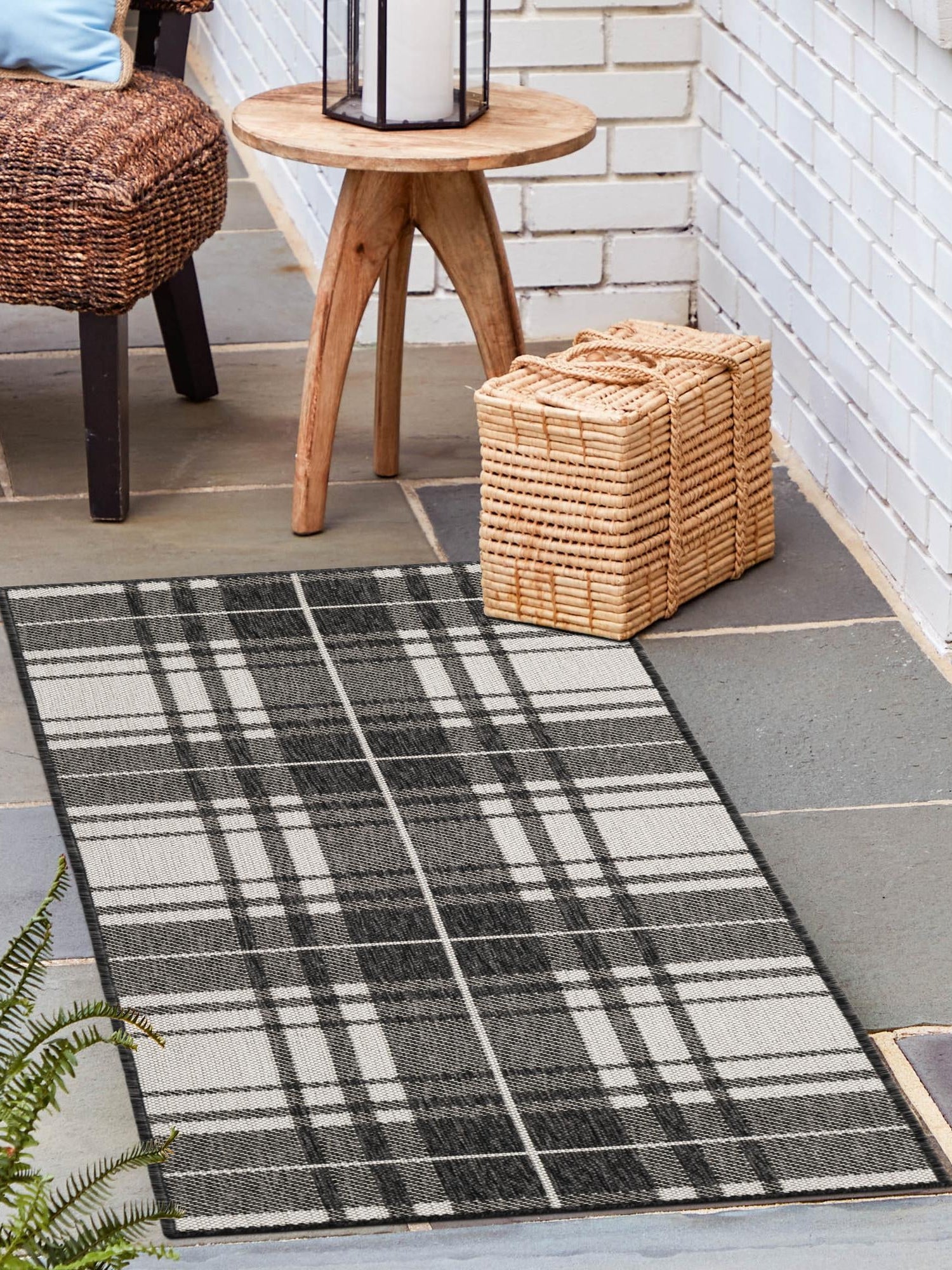 Black and White 2' 7 x 12' Outdoor Checkered Runner Area Rug Weather Resistant for Patio, Deck, Terrace, Balcony, Porch 100% Polypropylene Geometric Carpet for Sale at Rug Engine
