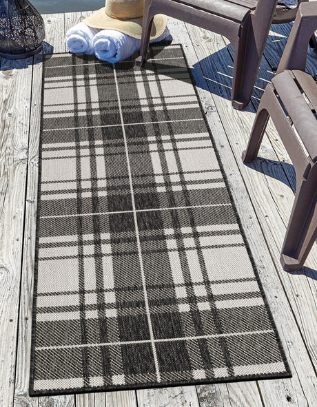 Black and White 2' x 6' 1 Outdoor Checkered Runner Area Rug Weather Resistant for Patio, Deck, Terrace, Balcony, Porch 100% Polypropylene Geometric Carpet for Sale at Rug Engine