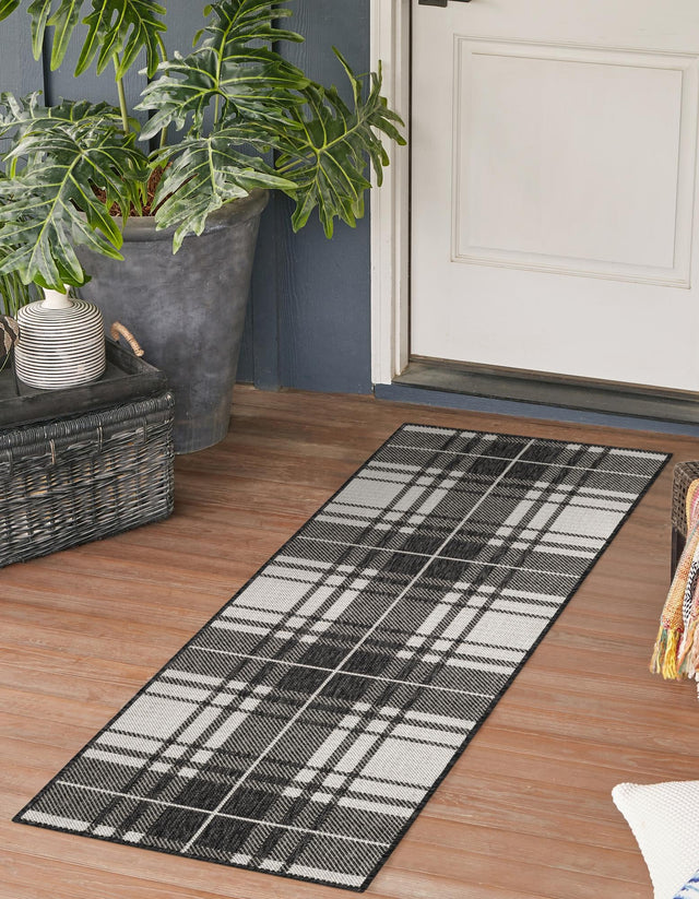 Black and White 2' x 6' 1 Outdoor Checkered Runner Area Rug Weather Resistant for Patio, Deck, Terrace, Balcony, Porch 100% Polypropylene Geometric Carpet for Sale at Rug Engine