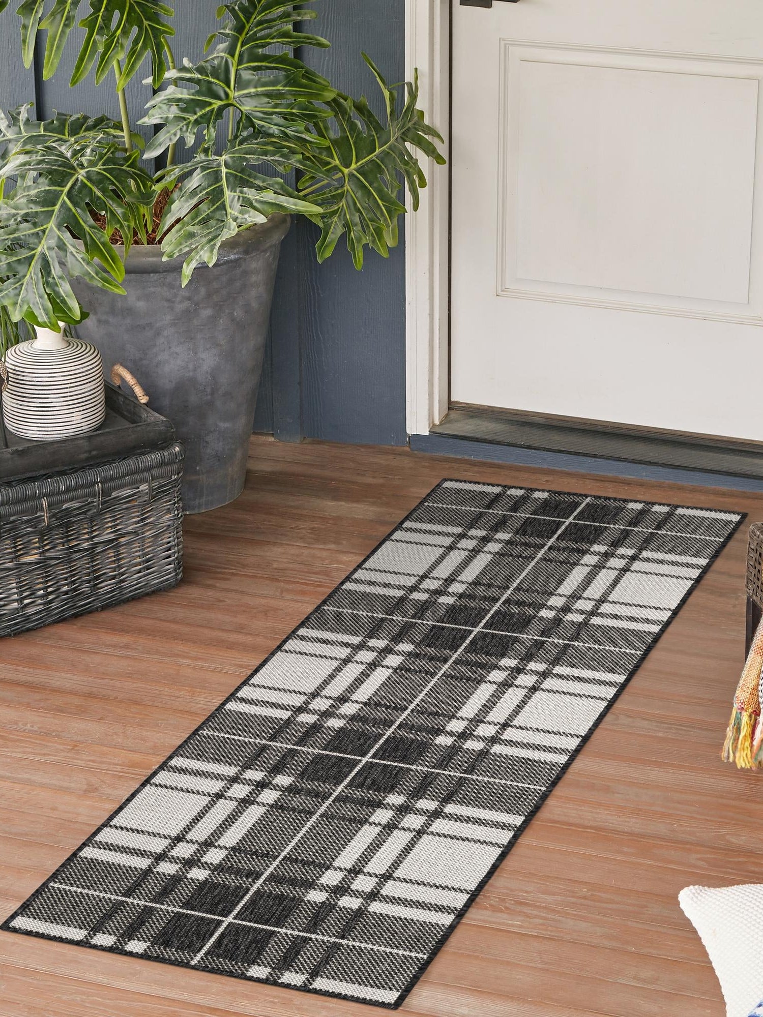 Black and White 2' x 5' 3 Outdoor Checkered Runner Area Rug Weather Resistant for Patio, Deck, Terrace, Balcony, Porch 100% Polypropylene Geometric Carpet for Sale at Rug Engine