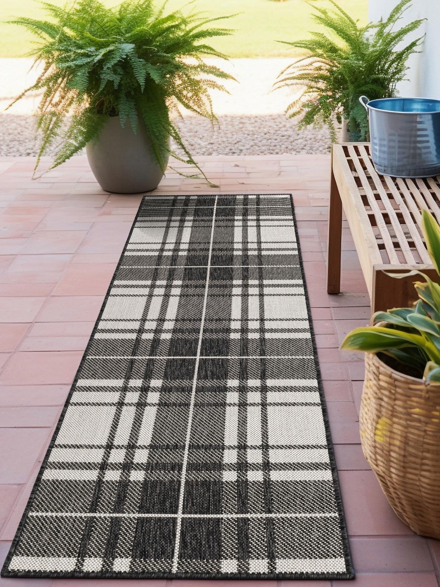 Black and White 2' x 8' Outdoor Checkered Runner Area Rug Weather Resistant for Patio, Deck, Terrace, Balcony, Porch 100% Polypropylene Geometric Carpet for Sale at Rug Engine