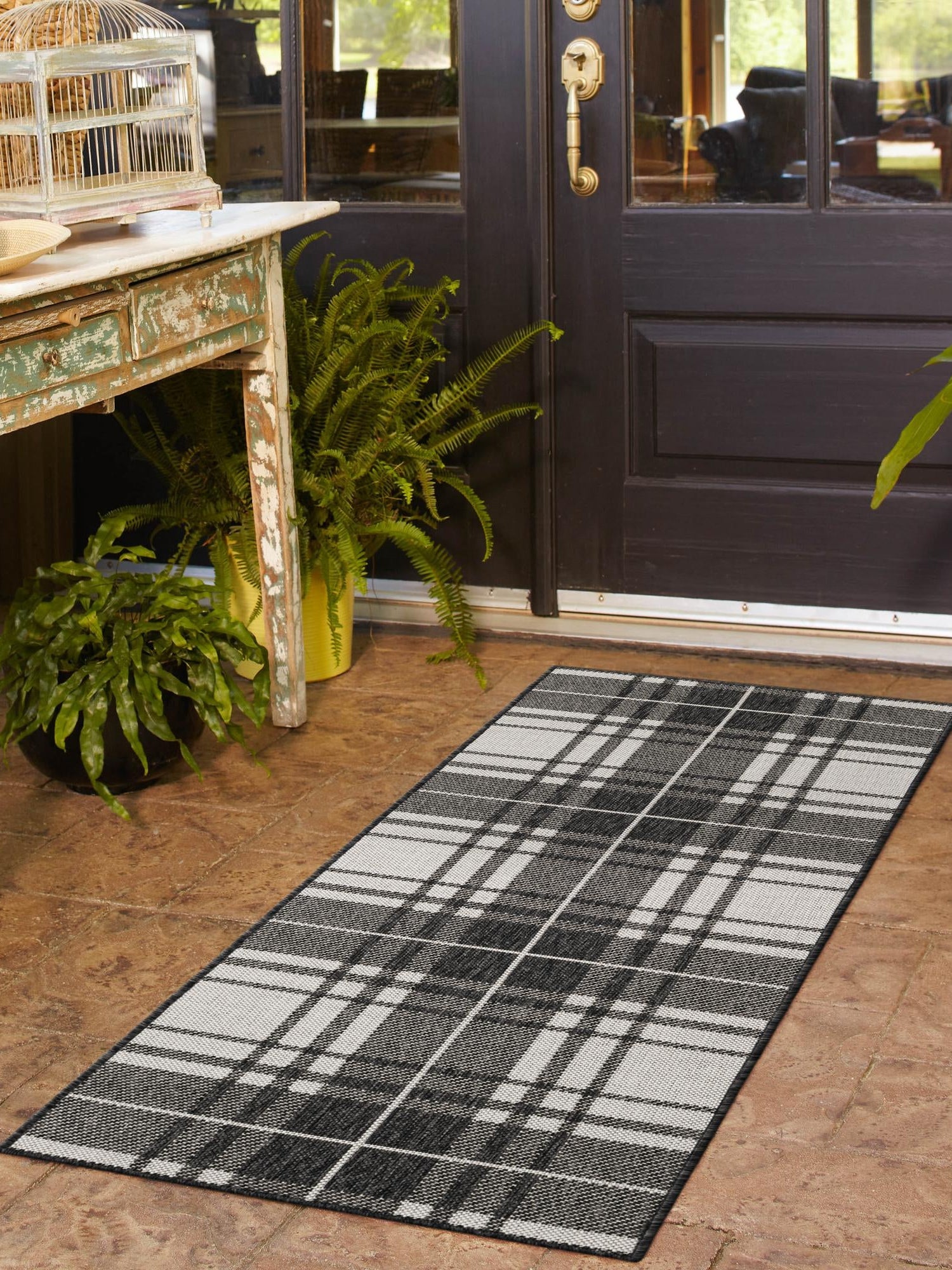 Black and White 2' x 8' Outdoor Checkered Runner Area Rug Weather Resistant for Patio, Deck, Terrace, Balcony, Porch 100% Polypropylene Geometric Carpet for Sale at Rug Engine
