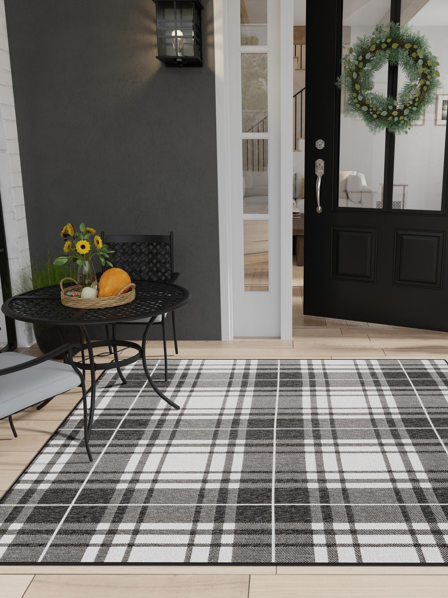 Black and White 7' 10 x 7' 10 Outdoor Checkered Square Area Rug Weather Resistant for Patio, Deck, Terrace, Balcony, Porch 100% Polypropylene Geometric Carpet for Sale at Rug Engine