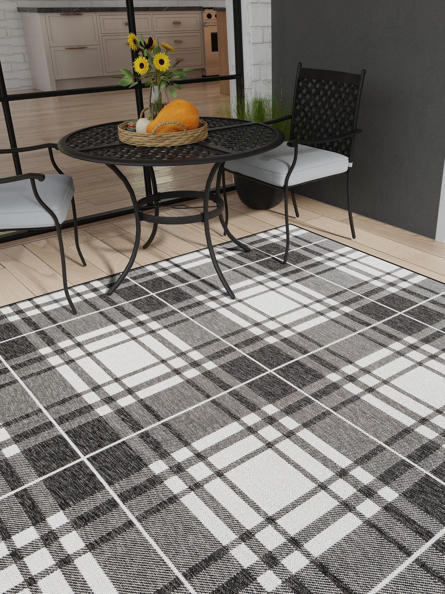 Black and White 7' 10 x 7' 10 Outdoor Checkered Square Area Rug Weather Resistant for Patio, Deck, Terrace, Balcony, Porch 100% Polypropylene Geometric Carpet for Sale at Rug Engine