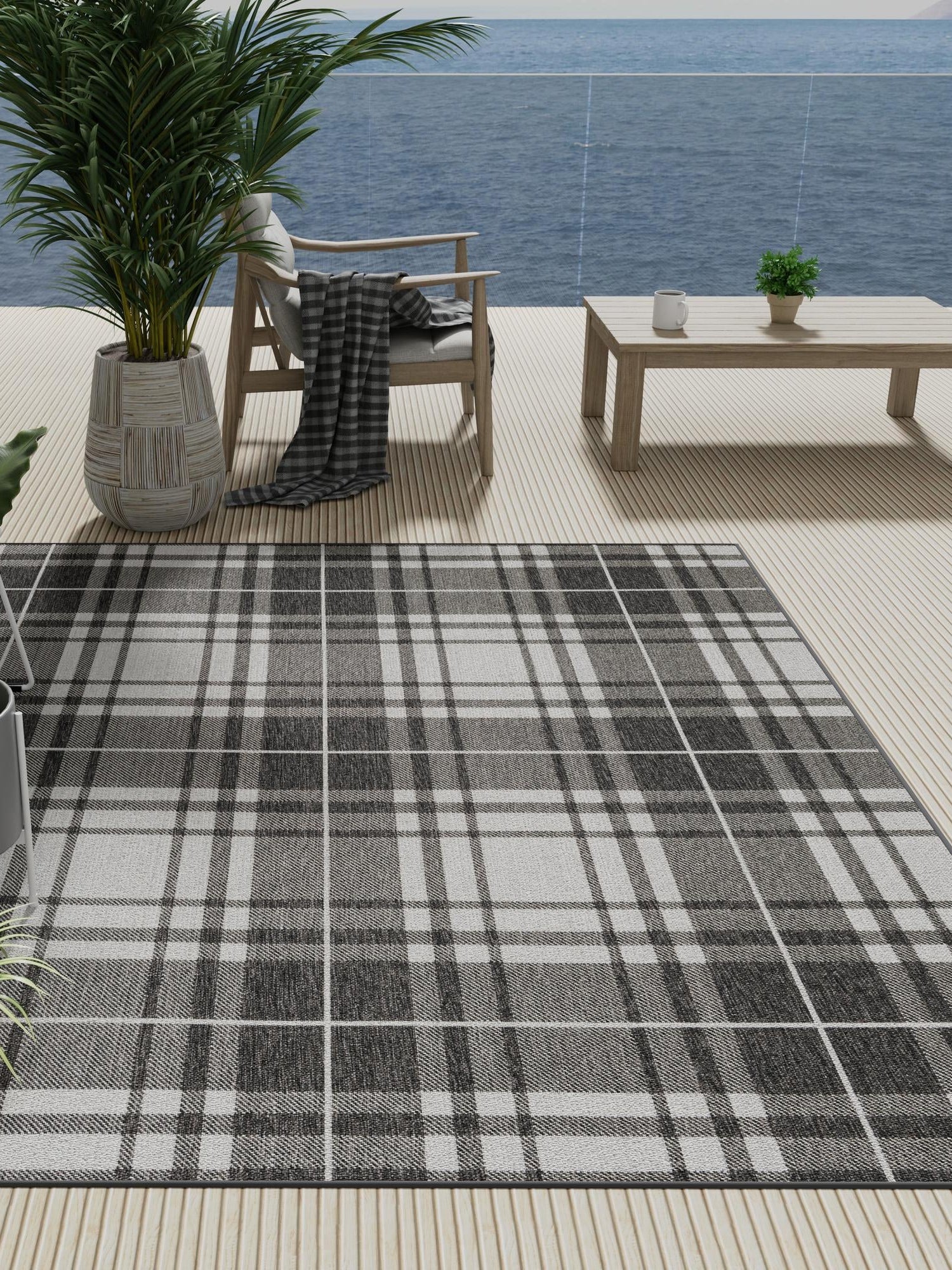 Black and White 7' 10 x 7' 10 Outdoor Checkered Square Area Rug Weather Resistant for Patio, Deck, Terrace, Balcony, Porch 100% Polypropylene Geometric Carpet for Sale at Rug Engine