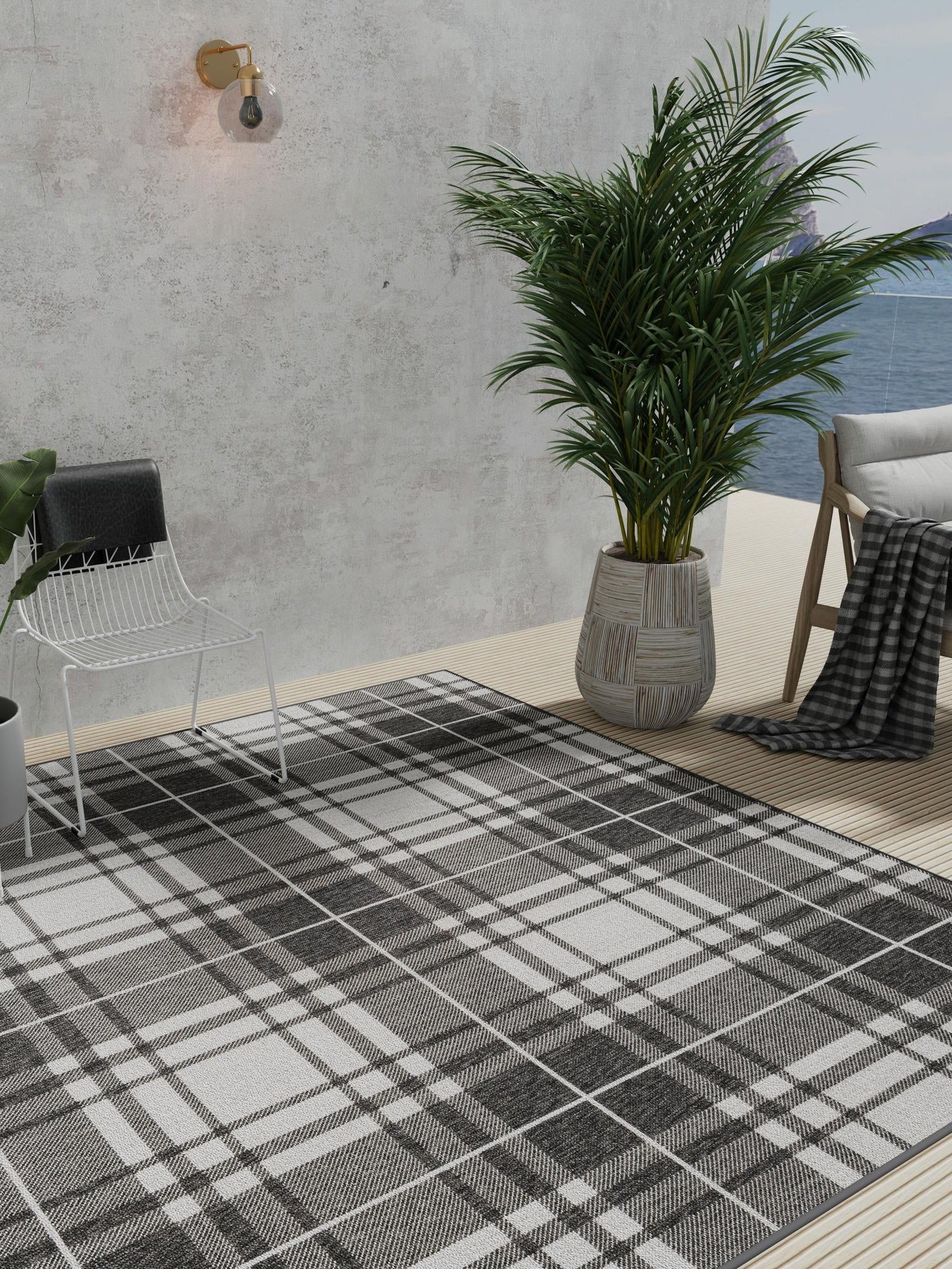 Black and White 7' 10 x 7' 10 Outdoor Checkered Square Area Rug Weather Resistant for Patio, Deck, Terrace, Balcony, Porch 100% Polypropylene Geometric Carpet for Sale at Rug Engine