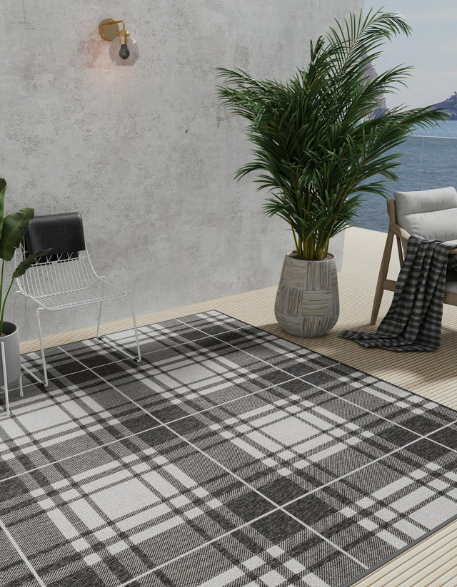 Black and White 7' 10 x 7' 10 Outdoor Checkered Square Area Rug Weather Resistant for Patio, Deck, Terrace, Balcony, Porch 100% Polypropylene Geometric Carpet for Sale at Rug Engine