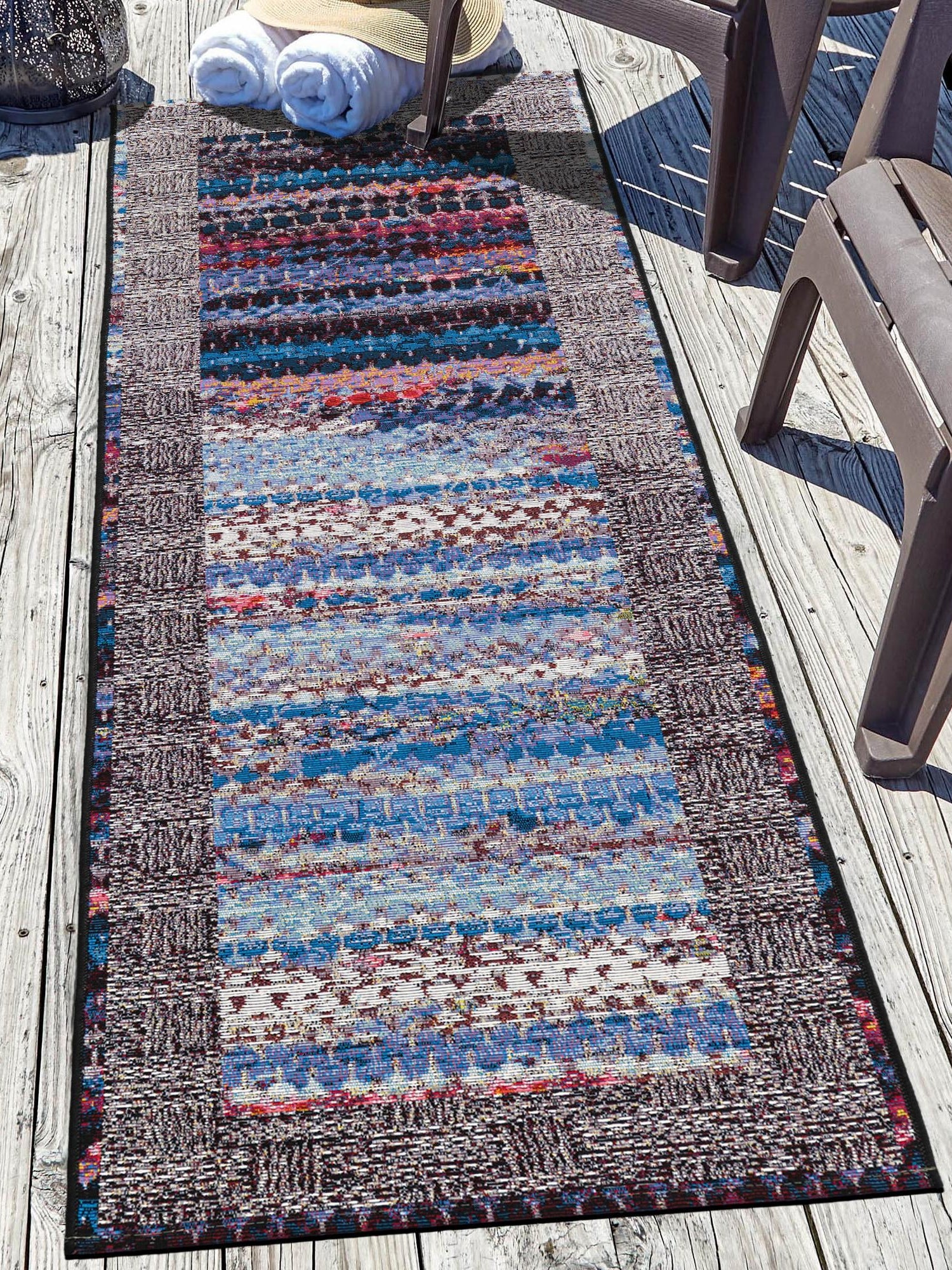 Multicolor 2' 7 x 10' Outdoor Modern Runner Area Rug Weather Resistant for Patio, Deck, Terrace, Balcony, Porch 100% Polypropylene Modern Outside Carpet for Sale at Rug Engine
