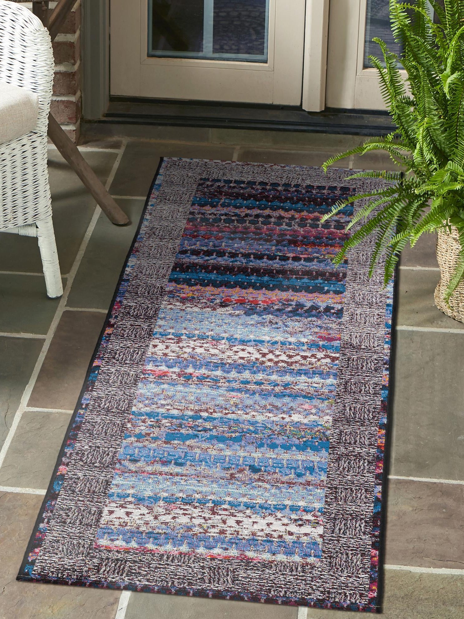 Multicolor 2' 7 x 10' Outdoor Modern Runner Area Rug Weather Resistant for Patio, Deck, Terrace, Balcony, Porch 100% Polypropylene Modern Outside Carpet for Sale at Rug Engine