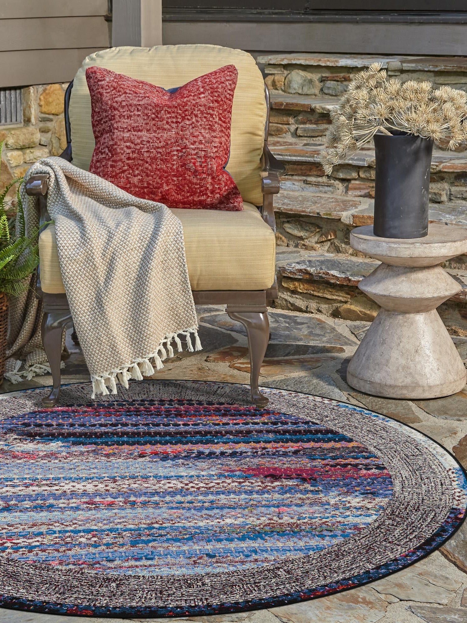 Multicolor 7' 10 x 7' 10 Outdoor Modern Round Area Rug Weather Resistant for Patio, Deck, Terrace, Balcony, Porch 100% Polypropylene Modern Outside Carpet for Sale at Rug Engine