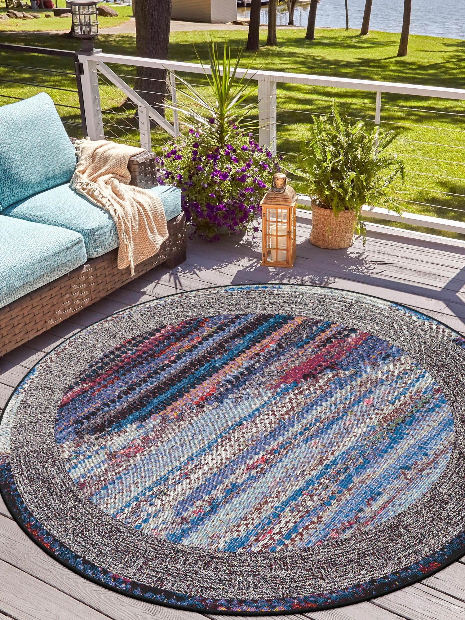 Multicolor 5' 1 x 5' 1 Outdoor Modern Round Area Rug Weather Resistant for Patio, Deck, Terrace, Balcony, Porch 100% Polypropylene Modern Outside Carpet for Sale at Rug Engine