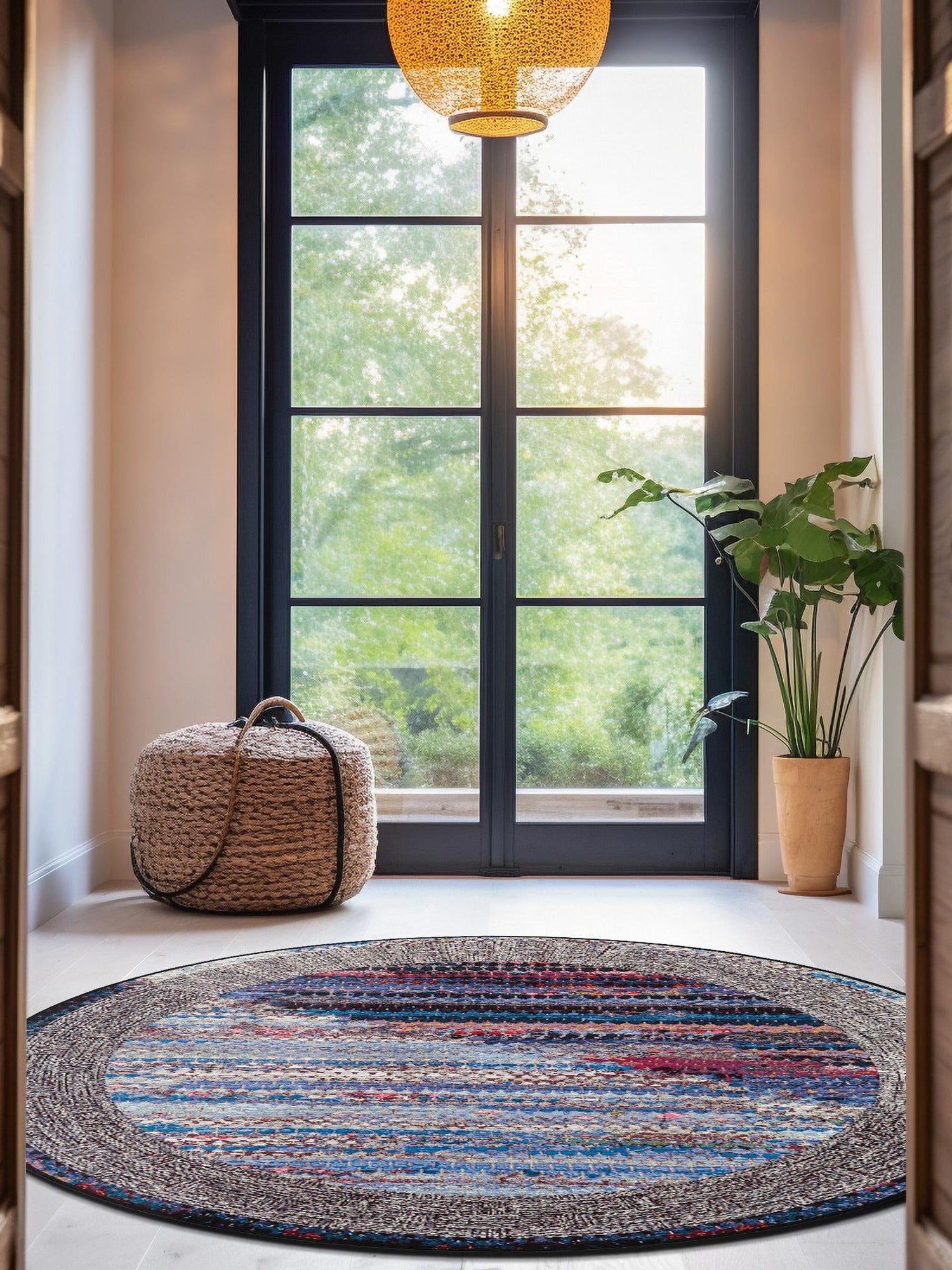 Multicolor 7' 10 x 7' 10 Outdoor Modern Round Area Rug Weather Resistant for Patio, Deck, Terrace, Balcony, Porch 100% Polypropylene Modern Outside Carpet for Sale at Rug Engine