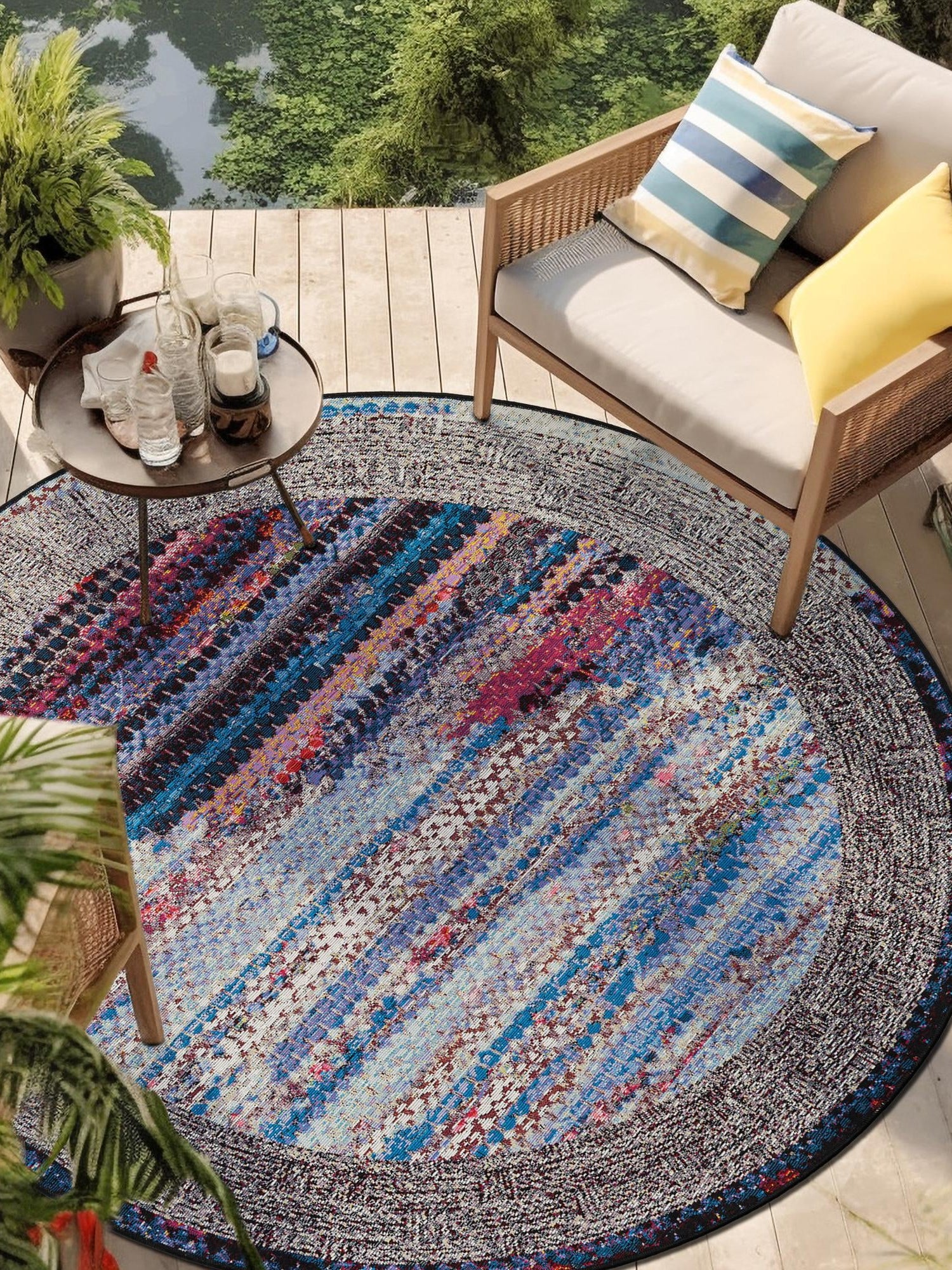 Multicolor 4' 1 x 4' 1 Outdoor Modern Round Area Rug Weather Resistant for Patio, Deck, Terrace, Balcony, Porch 100% Polypropylene Modern Outside Carpet for Sale at Rug Engine