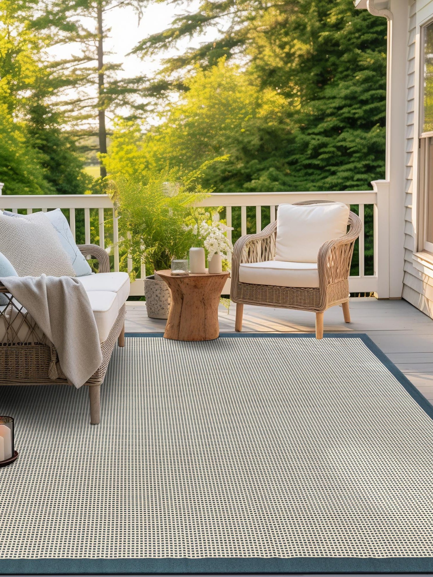 Navy Blue 10' x 10' Outdoor Border Square Area Rug Weather Resistant for Patio, Deck, Terrace, Balcony, Porch 100% Polypropylene Classic Bordered Carpet for Sale at Rug Engine