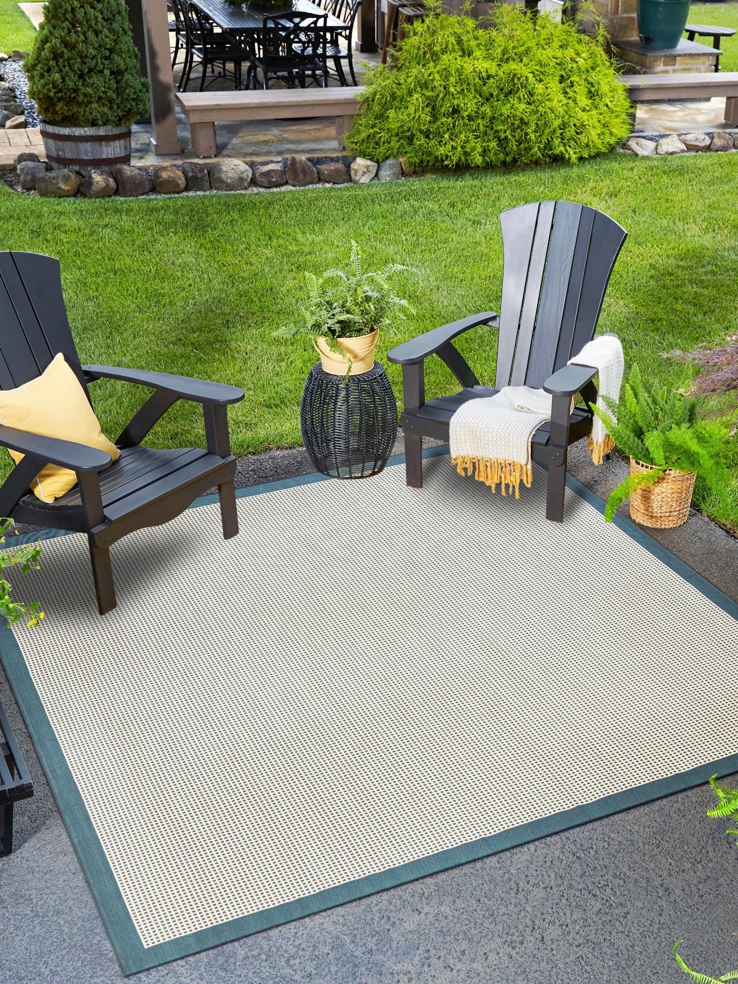 Navy Blue 10' x 10' Outdoor Border Square Area Rug Weather Resistant for Patio, Deck, Terrace, Balcony, Porch 100% Polypropylene Classic Bordered Carpet for Sale at Rug Engine