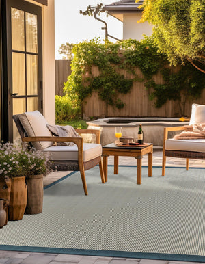 Navy Blue 10' x 10' Outdoor Border Square Area Rug Weather Resistant for Patio, Deck, Terrace, Balcony, Porch 100% Polypropylene Classic Bordered Carpet for Sale at Rug Engine