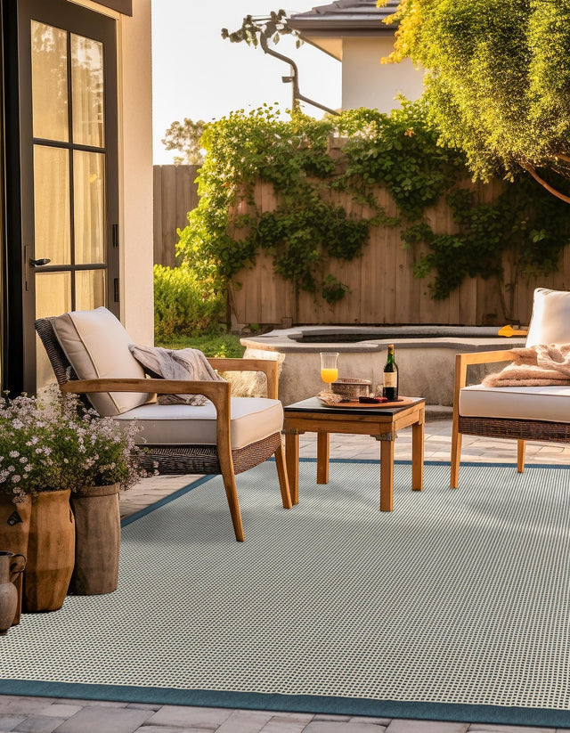 Navy Blue 10' x 10' Outdoor Border Square Area Rug Weather Resistant for Patio, Deck, Terrace, Balcony, Porch 100% Polypropylene Classic Bordered Carpet for Sale at Rug Engine